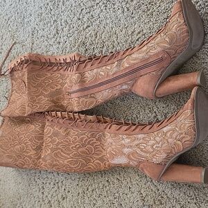 Bamboo Tan Thigh High Lace Up Boots